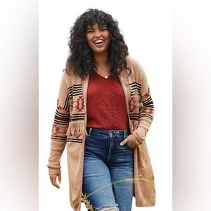Maurices BNWOT Tan and Red & Black AztecPatterned Cardigan With Fringe- NWOT